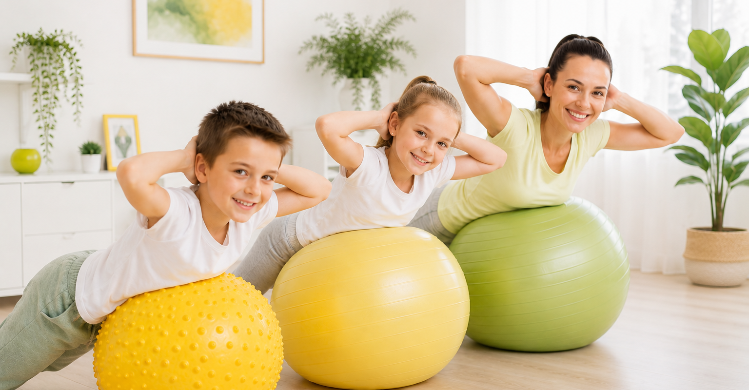 Kinder trainieren auf Gymnastikbällen
