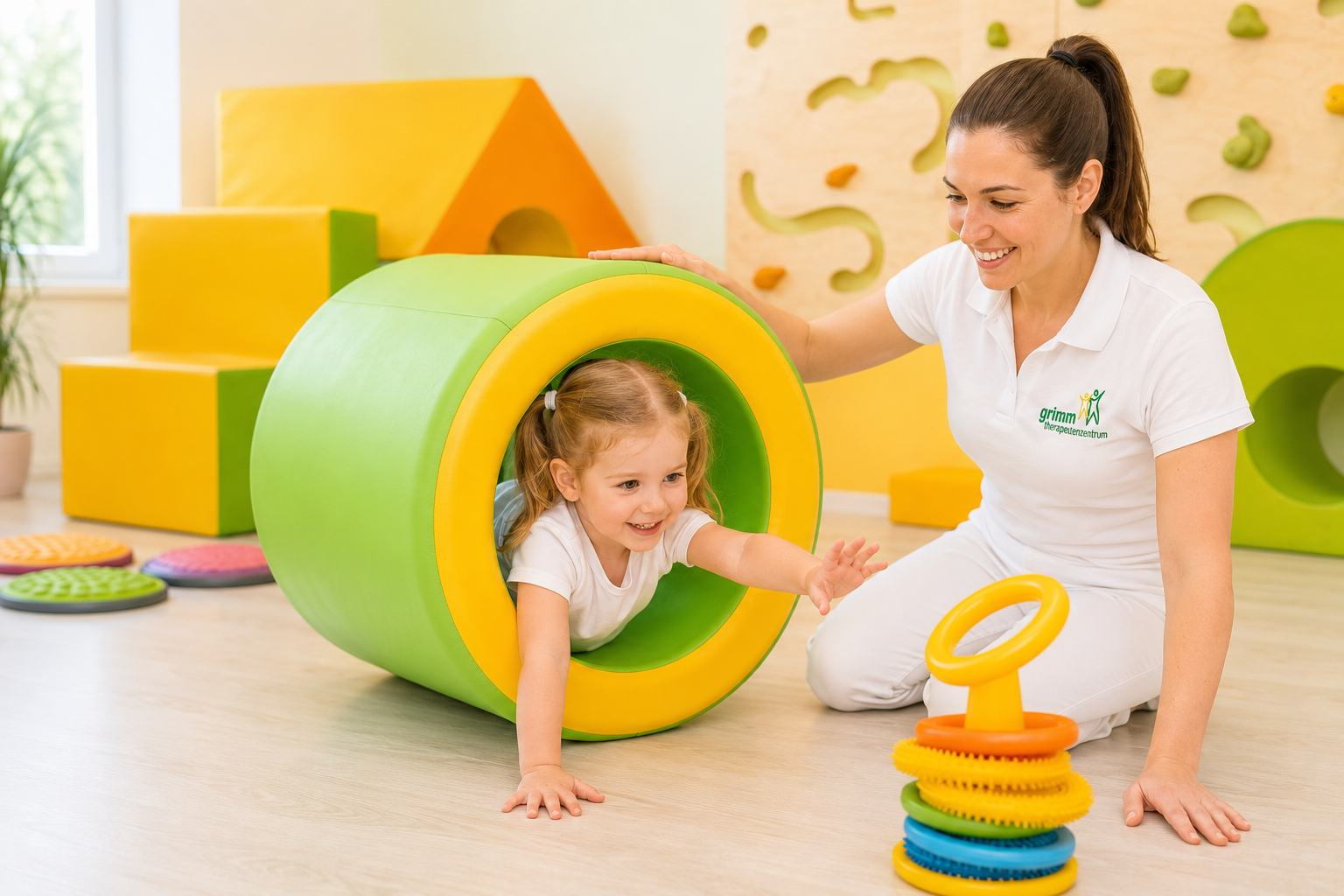 Kindertherapie: Kleinkind krabbelt durch ein Spielelement
