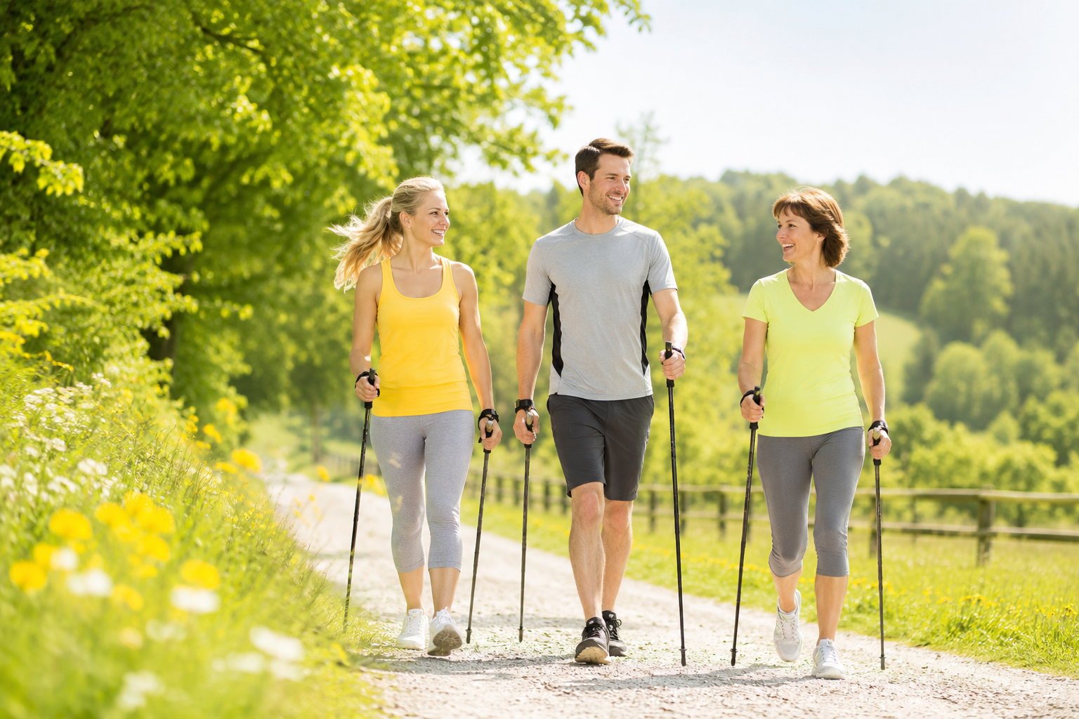 Drei Personen beim Nordic Walking auf einem Feldweg